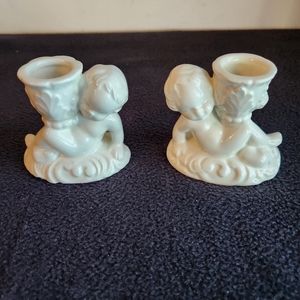 Pair Cherub Porcelain Candle Stick Holders Antique Baby Bone China Figures
